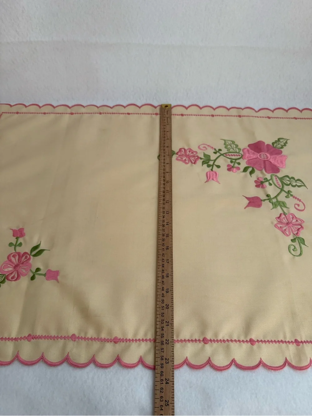 Ivory Pink & Green Floral Embroidered Pillowcase, Scalloped Edge, 33x 23 VTG